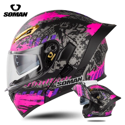Soman Motorcycle Dual-Lens Helmet Motosiklet kaskı (dəbilqə) - purple-spark-s