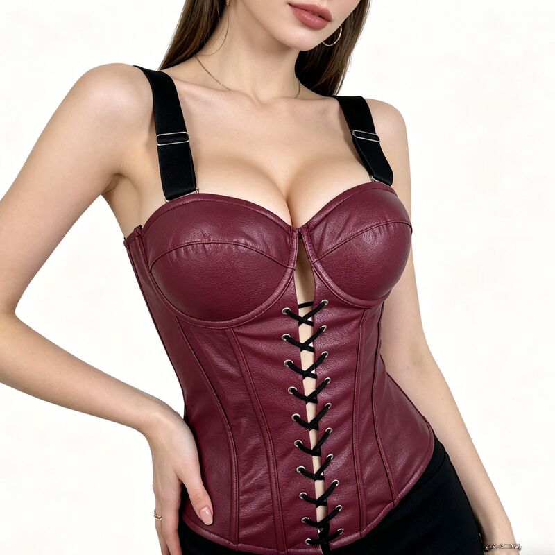 Trendy European and American Style Pu Leather Front-Opening Lace-Up Sexy Fishbone Corset with Chest Pads, Waist-Cinching Strapless Top Trendy European and American Style Pu Leather Front-Opening Lace-Up Sexy Fishbone Corset with Chest Pads, Waist-Cinching Strapless Top