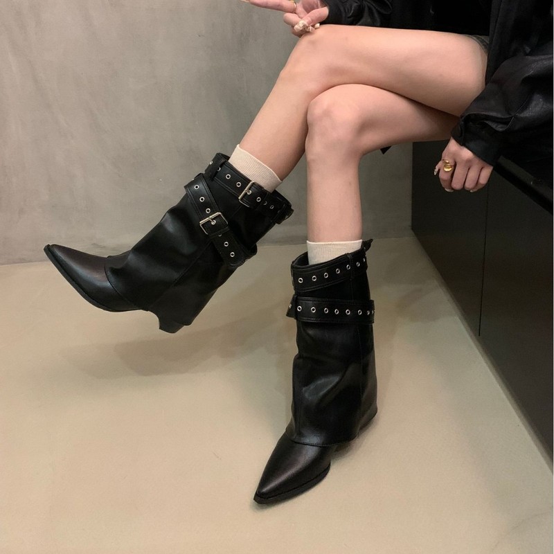 美式辣妹皮带扣裤管靴短筒靴女靴2025早秋新款小众设计短靴西部靴|undefined
