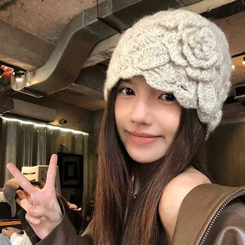 春と秋の薄い中空ウール帽子女性のためのレトロな文学ニット帽子パイル帽子日本製手織り包頭帽子|undefined