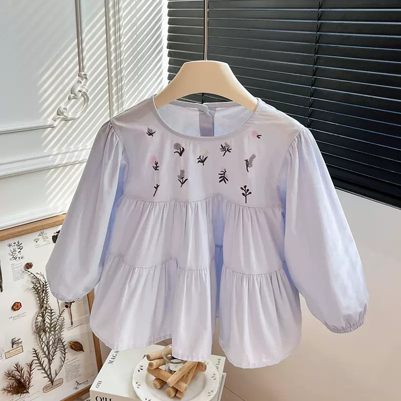 女童长袖棉质蓝色刺绣小花衬衫女宝衬衫2025春季新款韩版甜美法式
