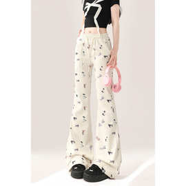 韩版高腰卡通小猫印花微喇裤女夏季休闲卫裤喇叭显瘦马蹄微喇裤子