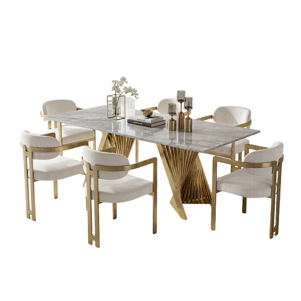 Mesa de Comedor de Mármol de 6 Plazas, Mármol Artificial y Acero Inoxidable, Desmontable, para Comedor