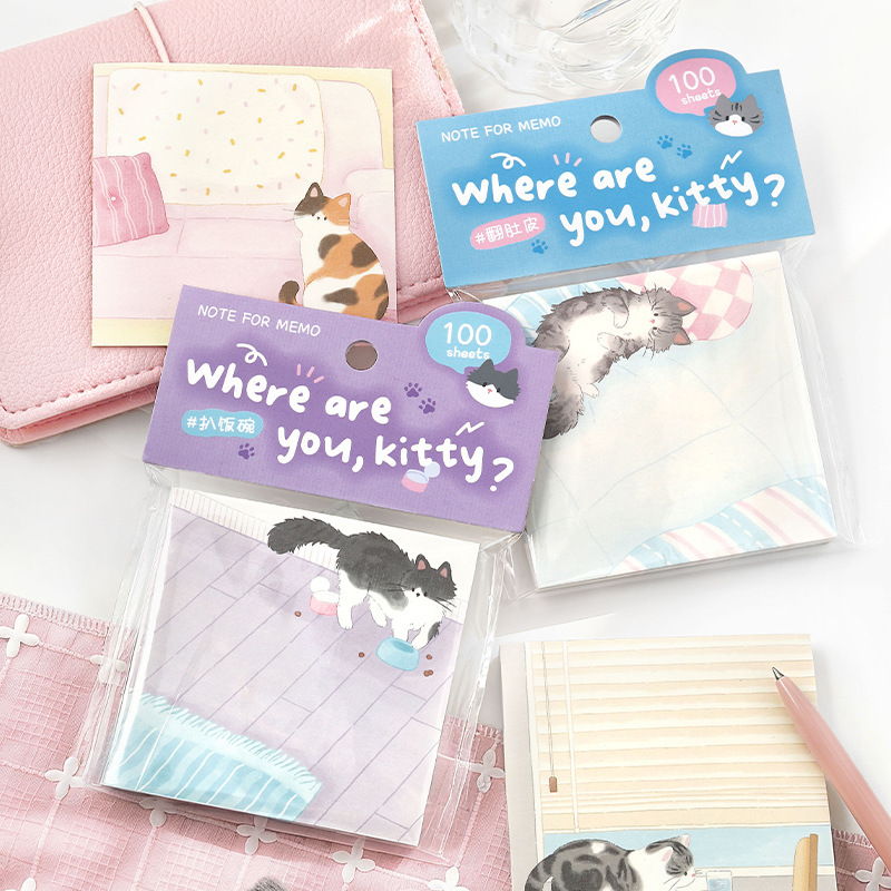 Note for 100 Sticky Notes Where Did the Cat Go? Watercolor Style Cat Illustration Student Notebook Message Memo Paper