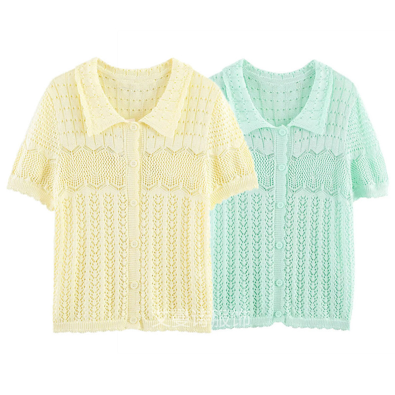 Cross-Border Women's Clothing 2026 Summer New Style Gentle and Sweet Style Pastel Patterned Jacket Collar Knitted Cardigan Short Sleeves