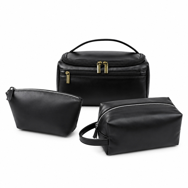 Bolsa de almacenamiento negro cuero pu caballo loco estriado impermeable a prueba de suciedad bolsa de maquillaje bolsa de lavado bolsa de viaje de negocios para hombres bolsa de negocios image 5