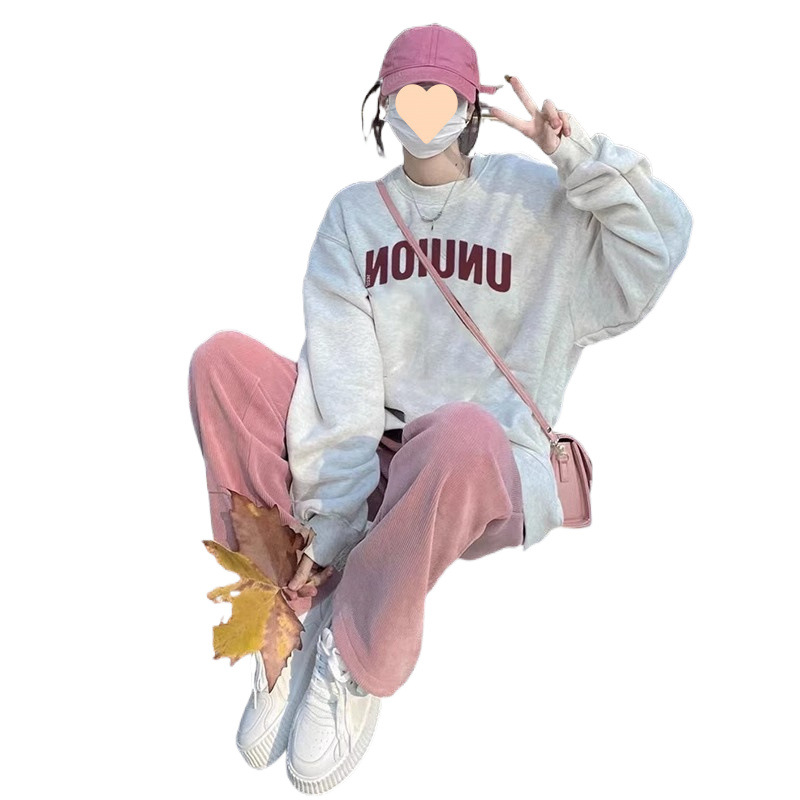 봄, 가을용 임산부복, 느슨하고 캐주얼한 임산부 스웨트셔츠 상의 + 배를 받쳐주는 와이드 레그 팬츠, 산전 검진 외출용 투피스 슈트