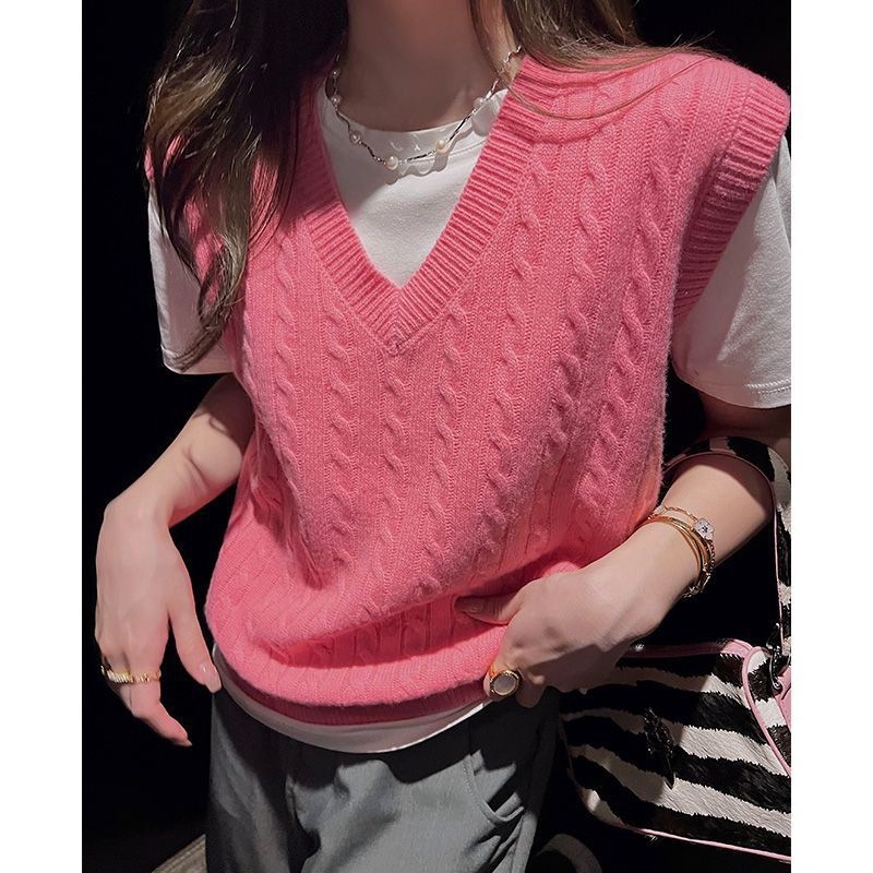 女性用グレーVネック刺繍ニットベスト、小柄な人向けの春と秋のアウターウェア、多用途のルーズレイヤードツイストセーターベスト|undefined