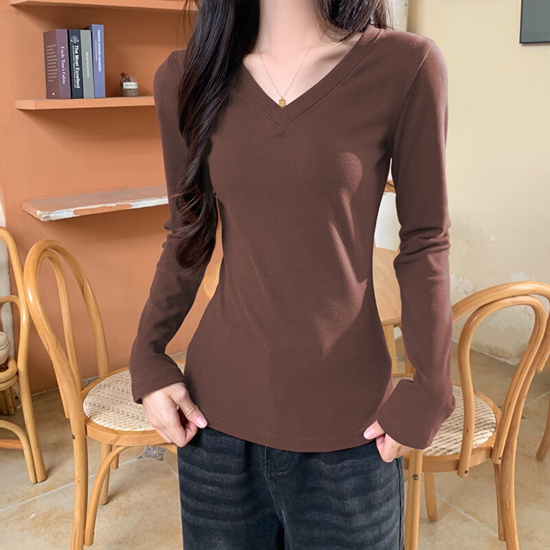 4618 # Real Shot of 280g Threaded Velvet V Neck Bottoming Shirt for Women in Spring, Autumn and Winter with Thickeneded Velvet Long-Sleeved T-Shirt