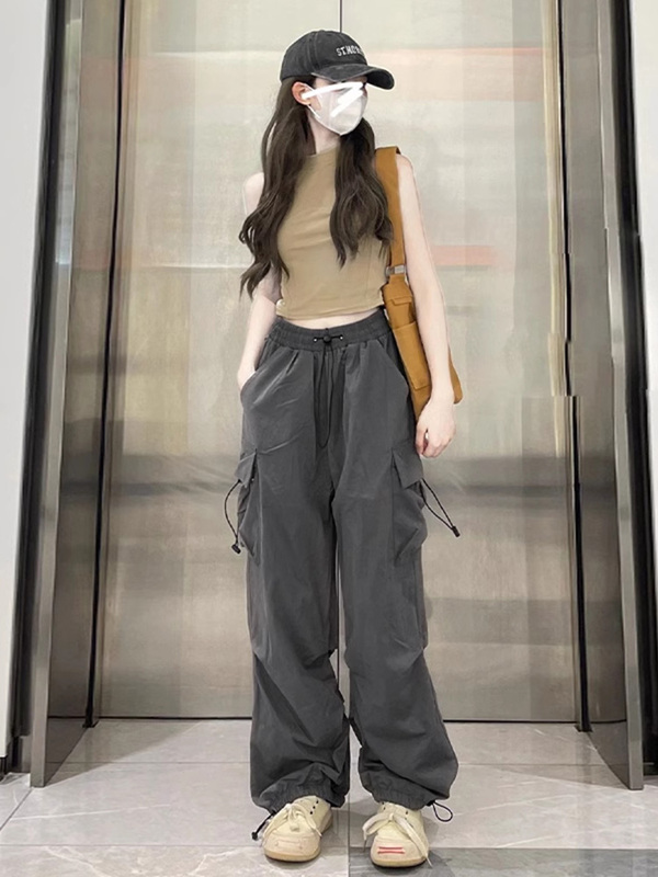 夏用の女性用ダークグレーの薄手の速乾性オーバーオール、ハイウエストパラシュートパンツ、アメリカンストレートパンツ、ズボン|undefined