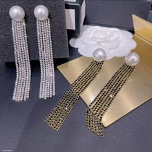 欧美夸张黑色闪钻流苏人造珍珠超长耳环新款潮夸张网红耳坠耳钉女