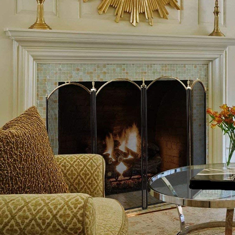 大金壁炉屏风4面板华丽的锻铁黑金属站立的门装饰网固体