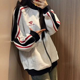 美式撞色条纹插肩设计感棒球服立领外套女春秋夹克慵懒风拉链卫衣