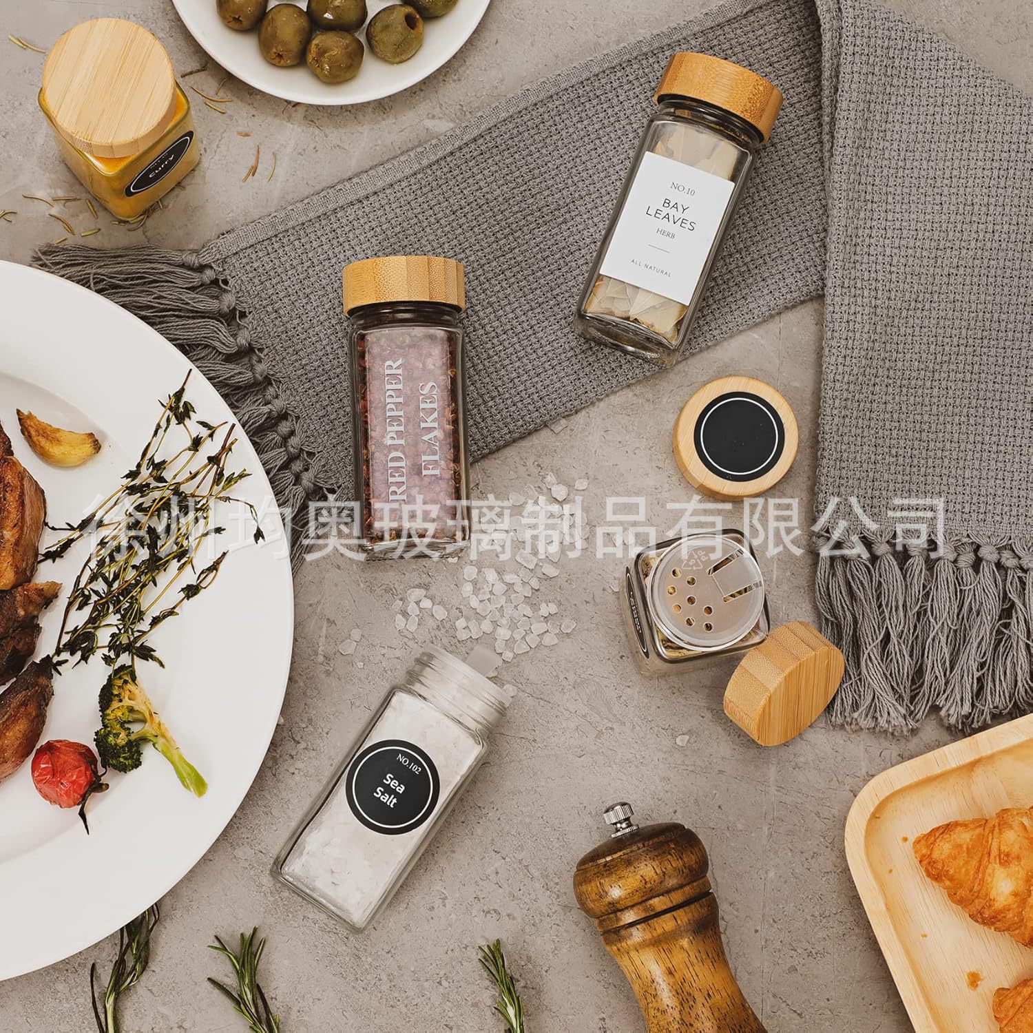 Botella de condimento de tapa de bambú cuadrada, botella pequeña, 24 botellas de condimento, cocina, conjunto completo de caja de condimento de vidrio de acacia, lote