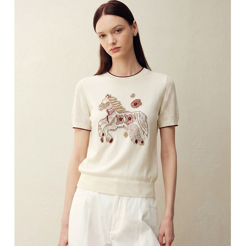 【Yazhiding】2026 Summer New Zodiac Year Little Horse Embroidery Jacquard Sequin Round Neck Short Sleeve Knitted Sweater