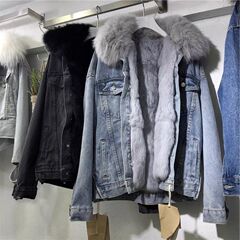 大きい毛の襟のデニムのコートの女性の短いタイプ2025冬の韓国の新型の百合のゆったりしているベルベットの厚い綿入れの綿入れの服