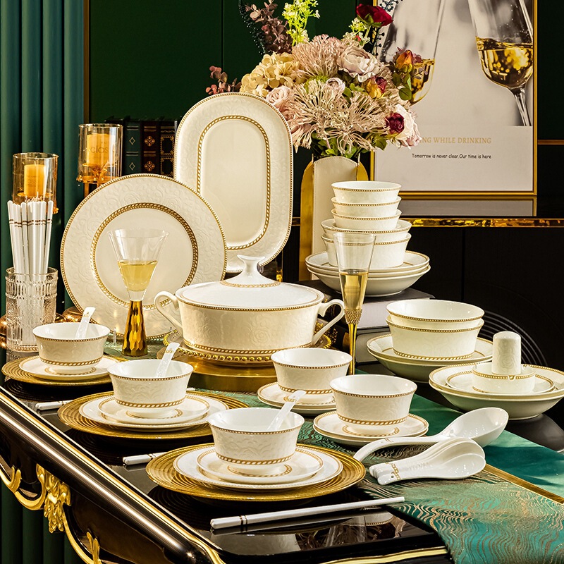 High-End Bone China Dinnerware Set for Home Use, Jingdezhen Ceramic Bowls and Plates Wholesale, Chinese-Style Bowl and Chopsticks Set