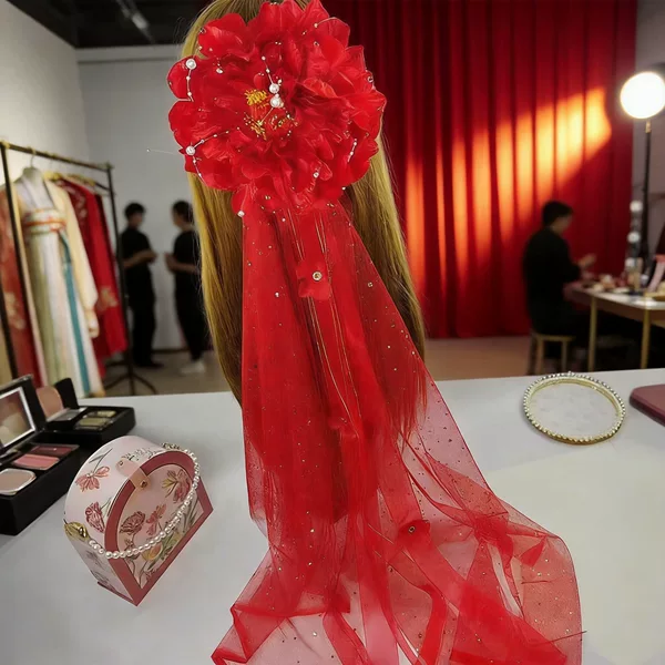 Large peony flower with long floating ribbons, back-draping veil, Yangge headpiece, traditional Chinese costume performance accessory, brightly colored with rhinestones