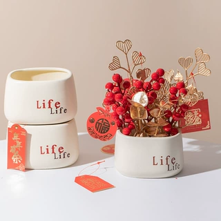 Life 陶瓷花盆乔迁之喜装饰品发财果米黄花插客厅前台桌面摆件