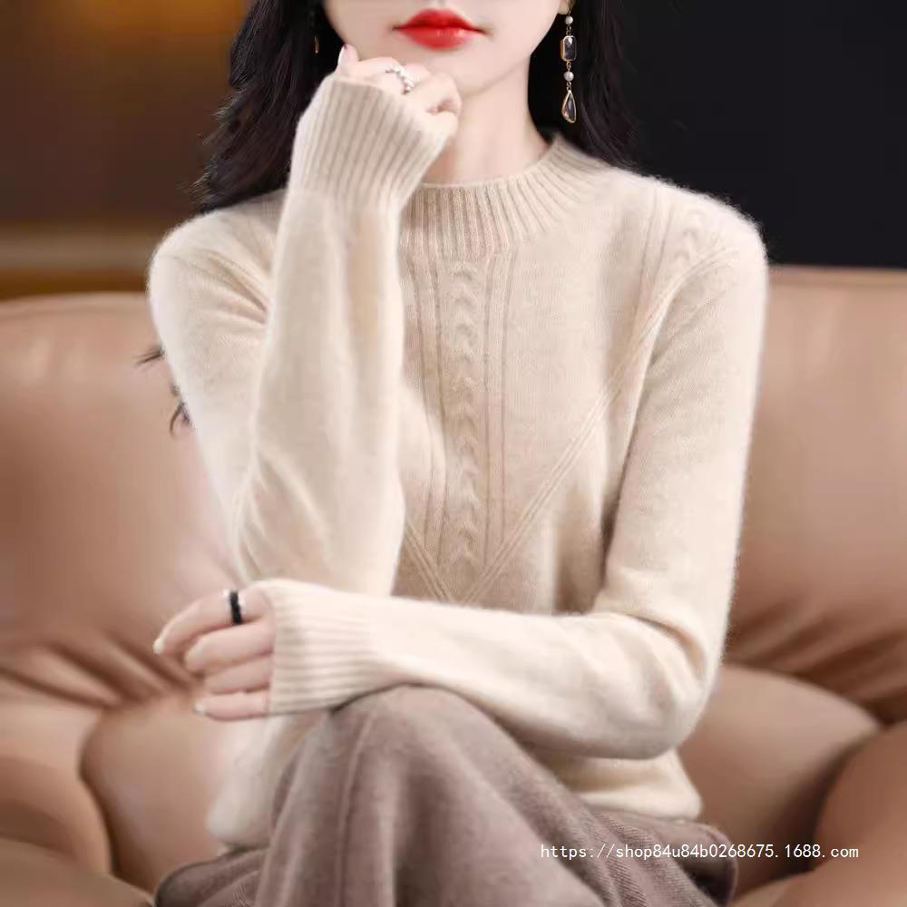 Woolen demi-season solid knitted cashmere sweater with a round…