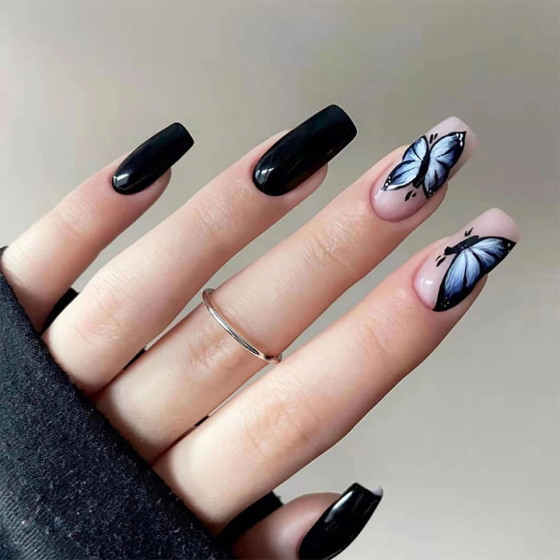 Painted butterfly cool black sweet cool wear nail nail sheet removable nails white finished wholesale