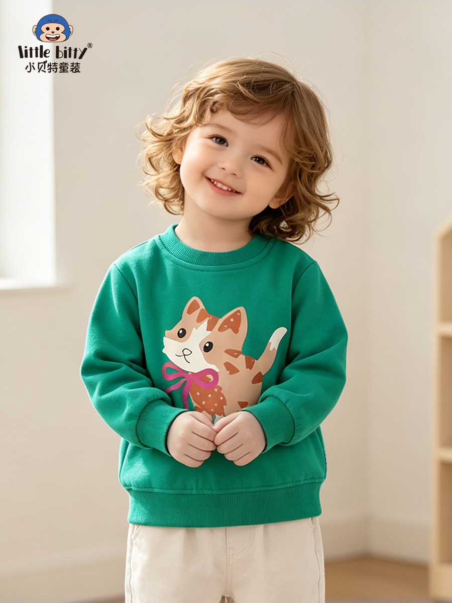 Cross-border children's clothing 2026 autumn and winter children's round-neck sweatshirt with cute bow and cat print, long-sleeved children's sweatshirt