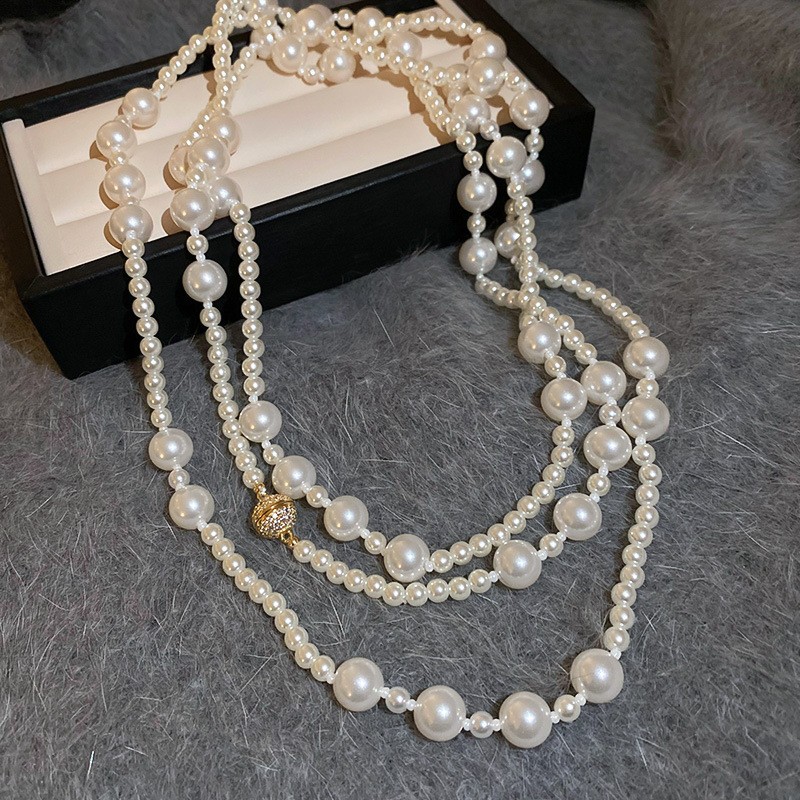 Collar con cuentas de perlas de gota de agua con diamantes transfronterizos otoño e invierno cadena de suéter de lujo ligero francés moda todo fósforo joyería de alta gama