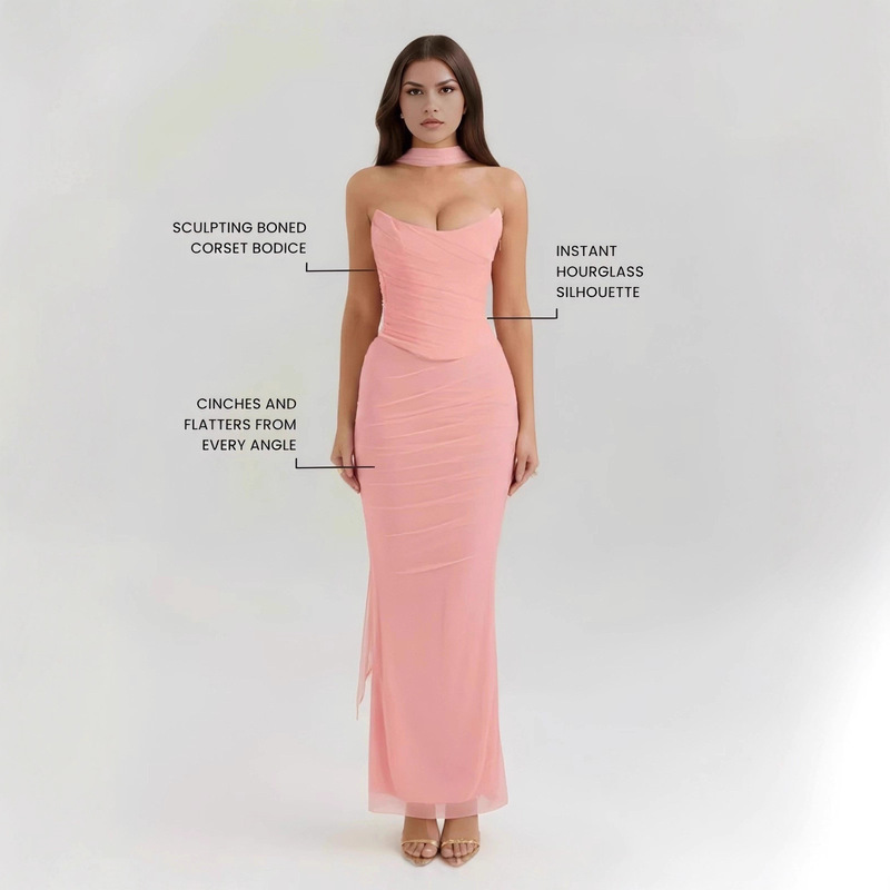 2025 New European and American Cross-Border Women's Clothing Peach Pure Lust Style Sexy Slim Fit Tube Top Hip-Covering Extended Three-Piece Set