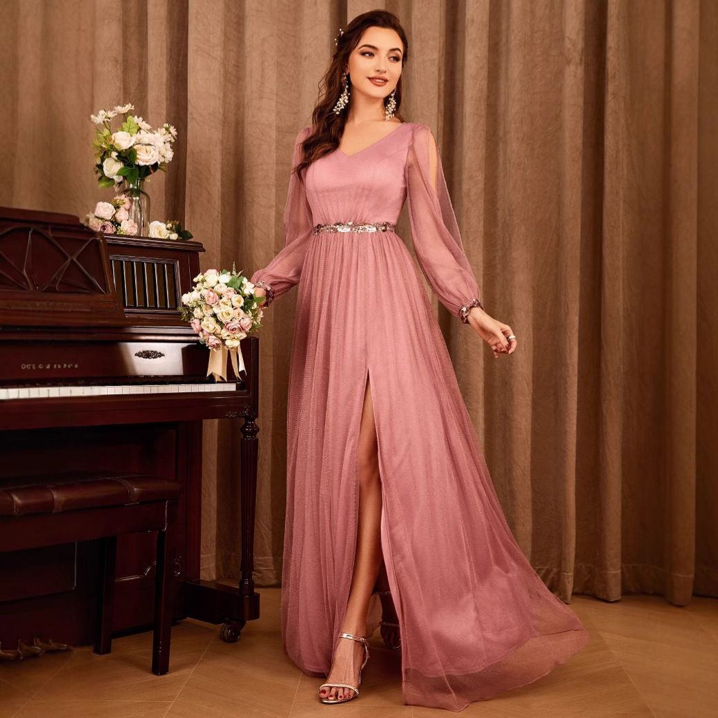 Amazon's New V Neck Mesh Dress Long-Sleeved Slit Birthday Host Dress European and American Elegant Evening Dress for Women