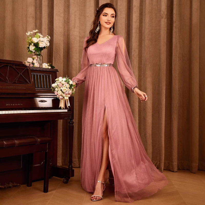 Amazon's New V Neck Mesh Dress Long-Sleeved Slit Birthday Host Dress European and American Elegant Evening Dress for Women Amazon's New V Neck Mesh Dress Long-Sleeved Slit Birthday Host Dress European and American Elegant Evening Dress for Women