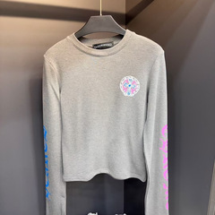 25早春新作chデザイン感背中馬蹄プリントファッション丸襟長袖ショートtシャツ上着