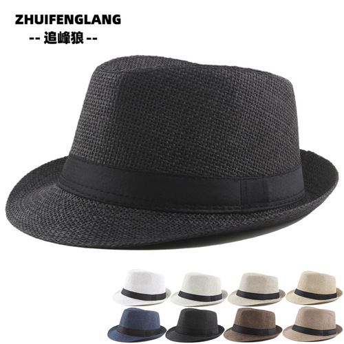 Summer middle-aged and elderly straw paper Panama jazz hat black square streamer decorative top hat breathable sun protection hat