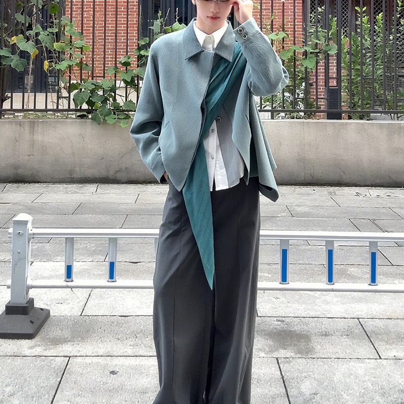 Blue Lotus New Chinese Style Men's Jacket Autumn/Winter High-End Patchwork Asymmetrical Cut Silk Scarf Short Top