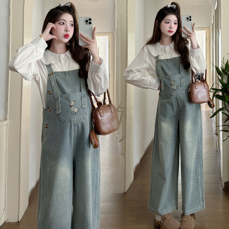 Pregnant Women's Two-Piece Set 2025 Explosions Pregnant Women's Clothes Spring Korean Casual Simple Denim Strappers Shirt suit