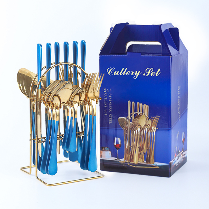 Amazon popular vajilla de acero inoxidable 24 piezas traje 1010 cuatro piezas principales cuchillo de comida occidental, tenedor y cuchara traje rack caja de regalo