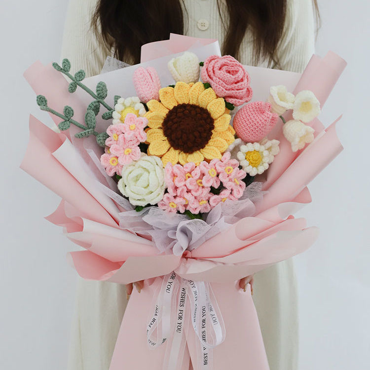 毛线花束diy仿真花手工编织花朵玫瑰花向日葵毛线花送女友送闺蜜