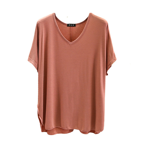 Modest women's V-neck plain T-shirt, plus size loose Korean style versatile outerwear top, thin and slimming base shirt
