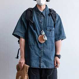 新中式盘扣短袖牛仔衬衫男夏季新款宽松简约翻领情侣衬衣上衣外套