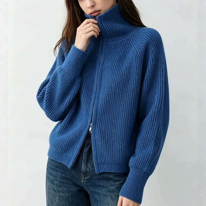 Cross-border Korean-style autumn and winter versatile top, half-high collar zippered knitted cardigan for women, ribbed thickened high-end jacket for women