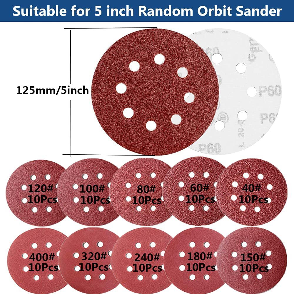 Juego de 100 discos de lija, 5 pulgadas, 8 agujeros, gancho y bucle, lija flocada, adecuados para lijadoras orbitales, tela de lija.