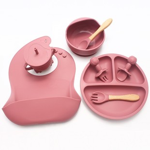 Cross-Border Silicone Dinner Plate with Suction Cup, Integrated Food Bowl, High Temperature Resistant Baby Divided Tableware Eight-Piece Set Wholesale