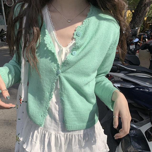 Spring New Mint Green Knitted Cardigan Korean Girl Style Sweet and Gentle Style All-match Thin Sweater Top