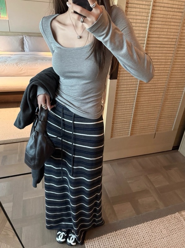 superniniy 撞色条纹裙&丝光羊毛 配色显瘦软糯针织裙半身裙长裙|undefined