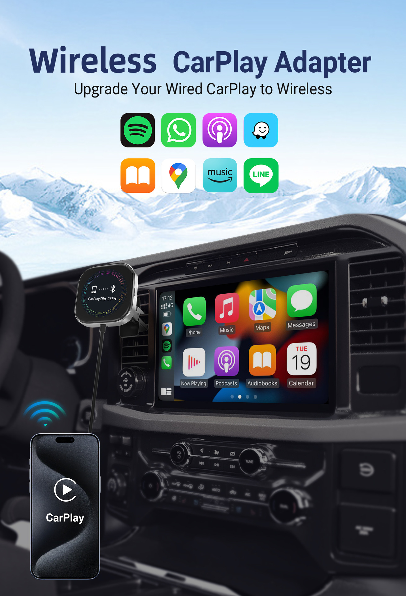 New Model with Screen, Wired to Wireless Carplay Portable Adapter for Apple Screen Projection