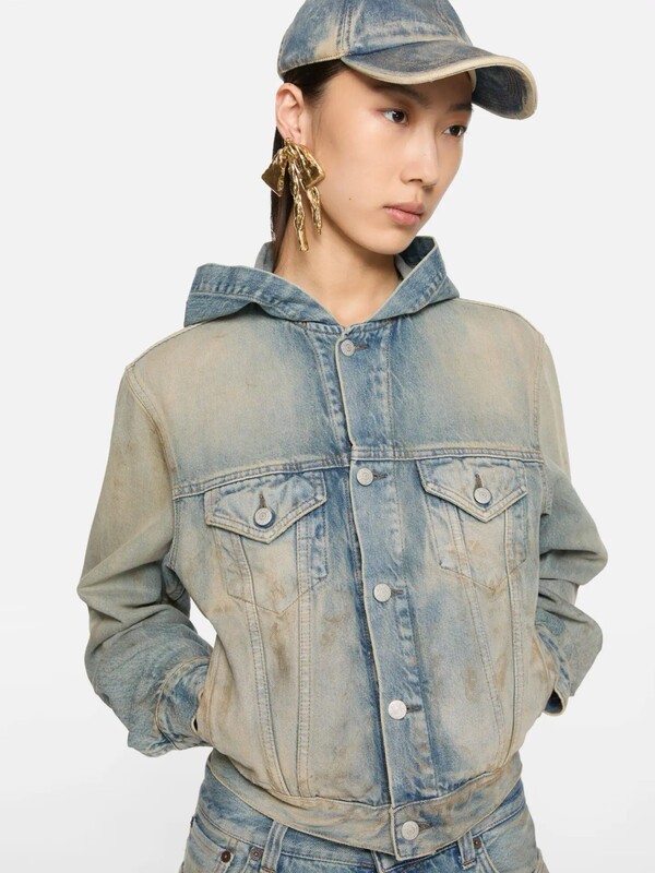 南油高定女装新款时尚小众设计中重工做旧脏脏连帽牛仔外套|undefined