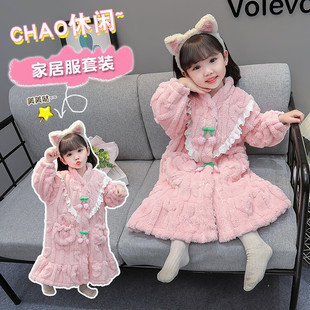 Girls' 2024 Autumn and Winter New Flannel Small and Medium-sized Baby Girls' Home Clothes Coral Fleece Girls' Cherry Nightgown