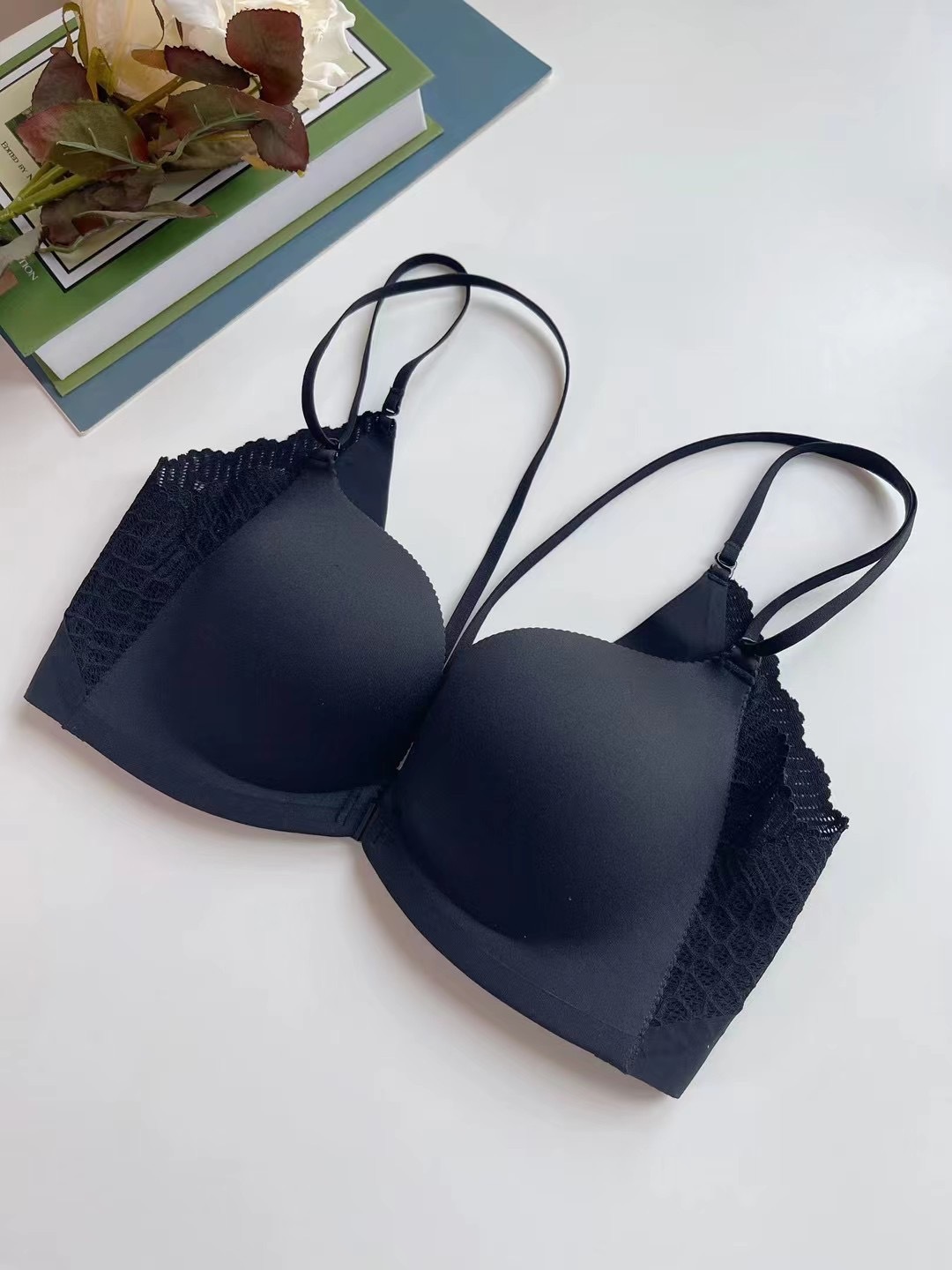 6333 hígado caliente clásico medio grueso Tipo de copa hebilla frontal sin anillo de acero profundo V sexy encaje espalda anti-anillo de acero traje de ropa interior