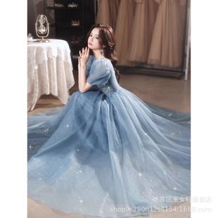 High-end small evening dress women's banquet elegant high-grade blue light luxury niche annual meeting host art exam dress performance