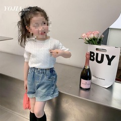 Children's Knit Top Short Sleeve Summer New Fashion Trendy Medium and Small Children's Crew Neck Children's Chiffon T-Shirt 0158