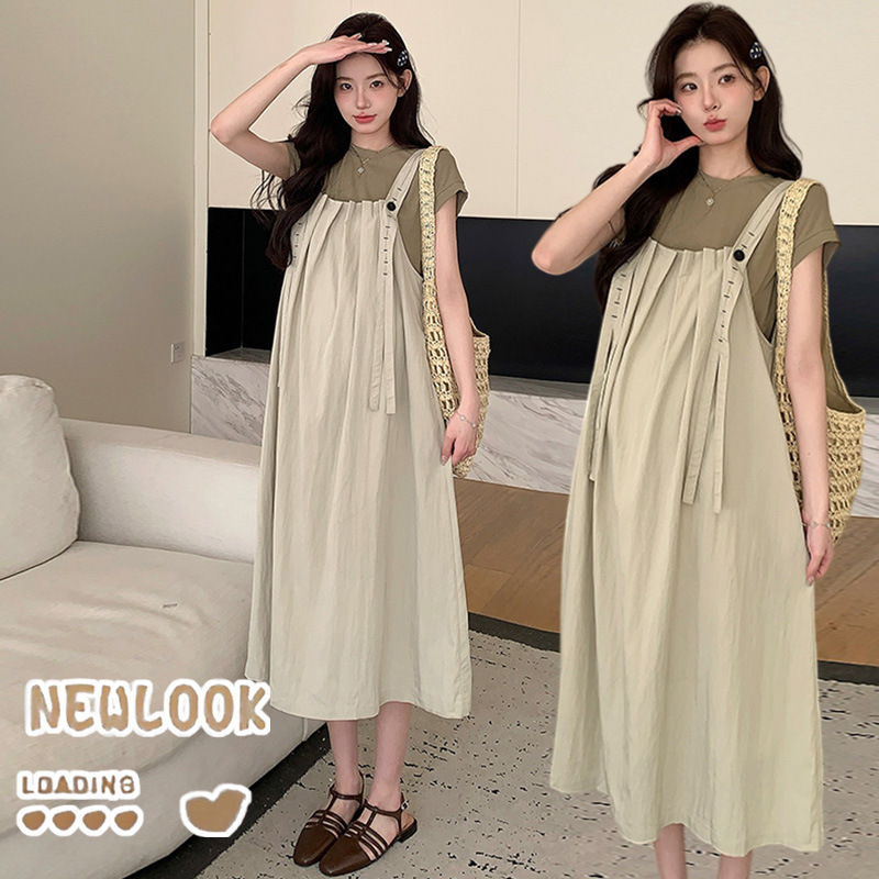 2026 Summer New Cotton Maternity T-Shirt + Korean Style Casual Loose Maternity Overalls Dress
